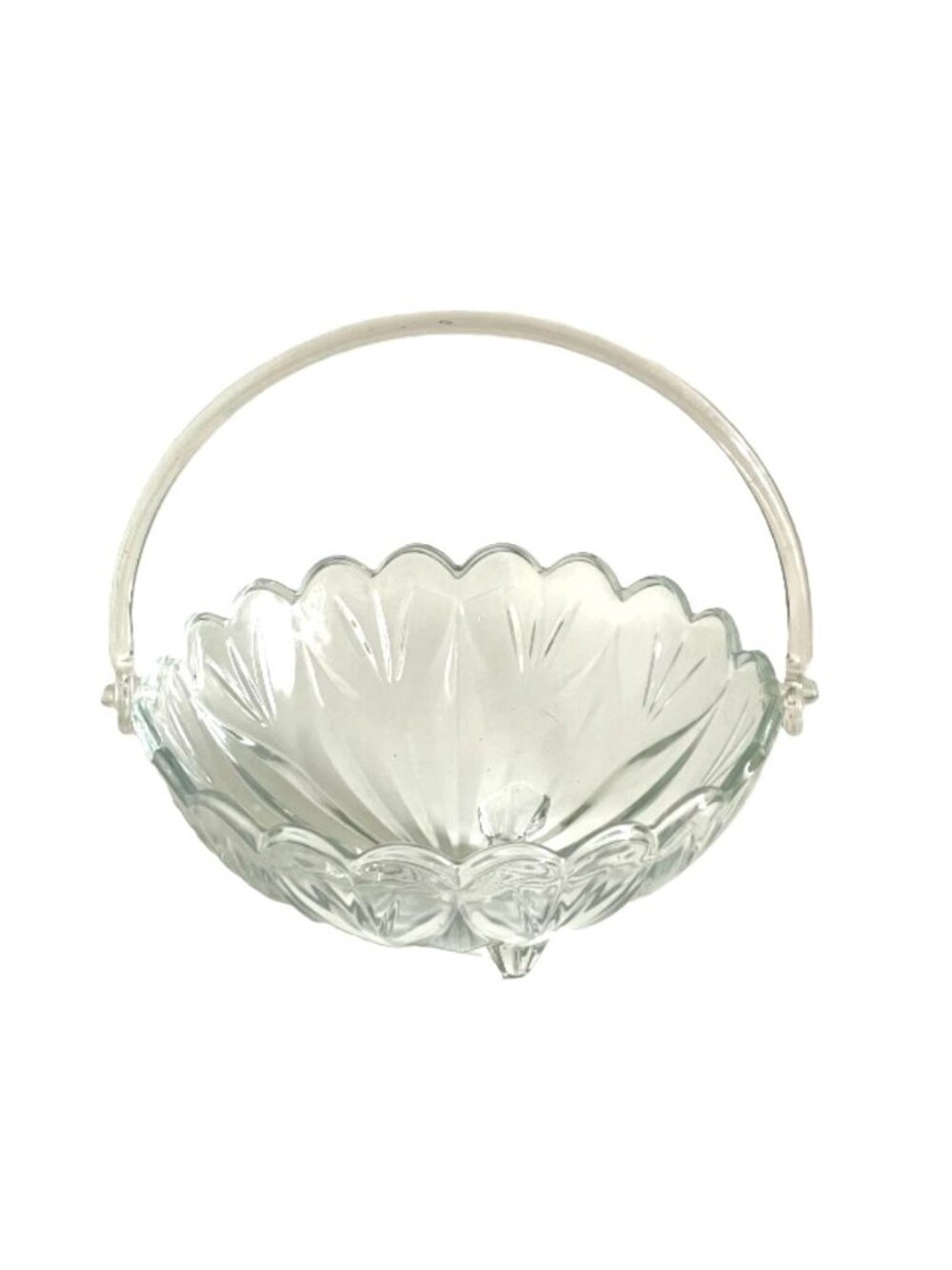 Vintage Homco Glass Fruit Basket Bowl Candy Dish Footed Scalloped w/Handle 10"